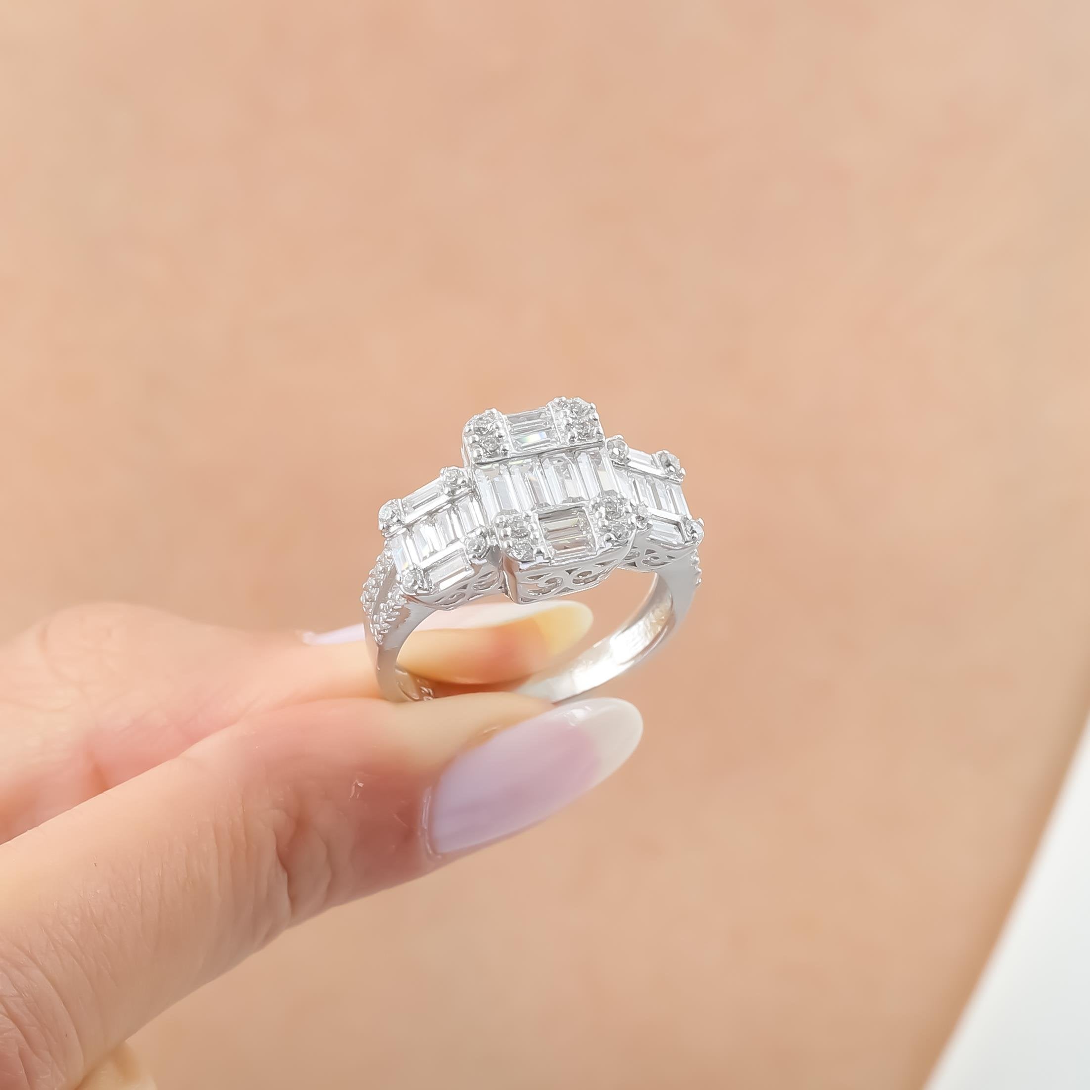 Diamond Setting Magnificent Tria Baguette Silver Ring