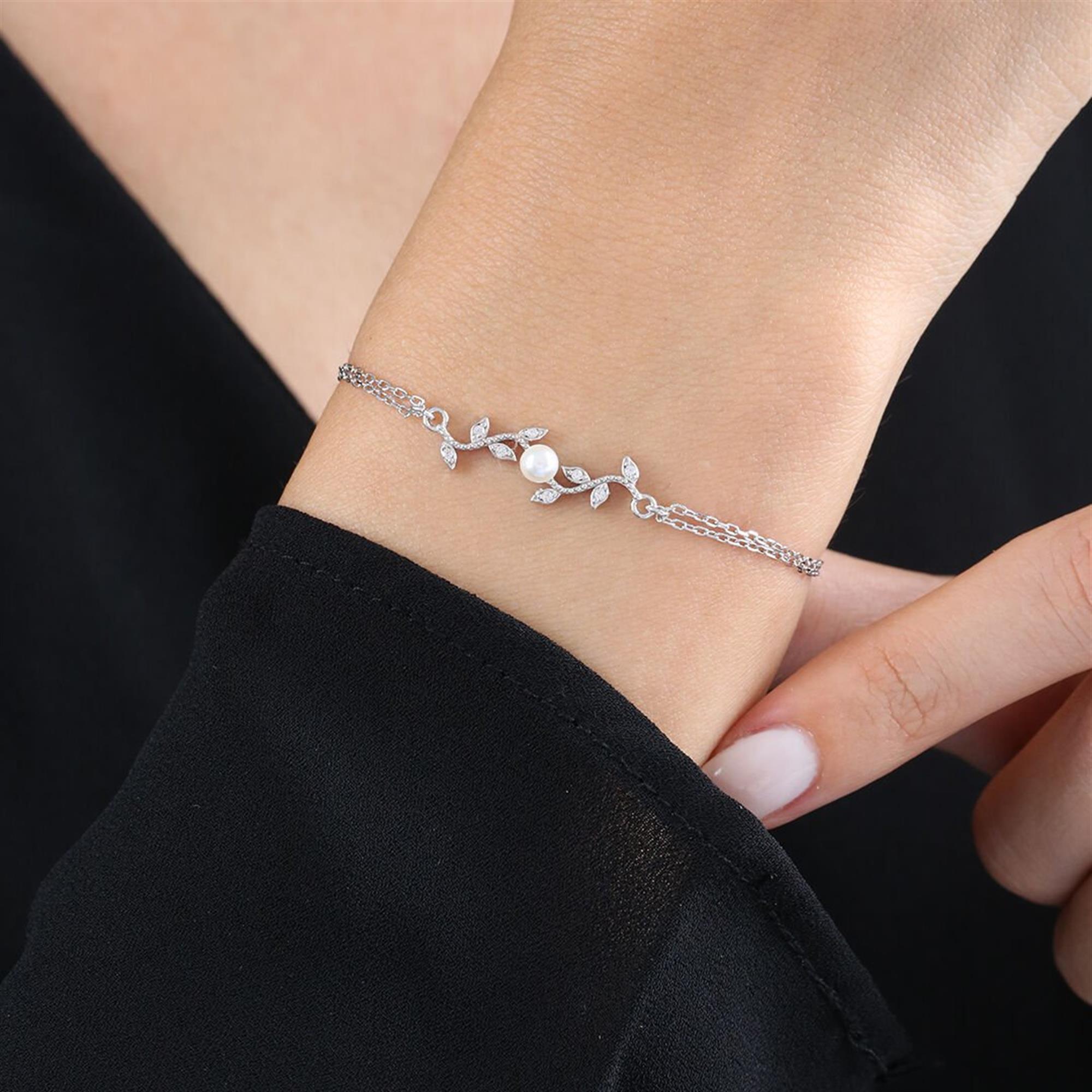 Diamond Pearl Blossom Silver Bracelet