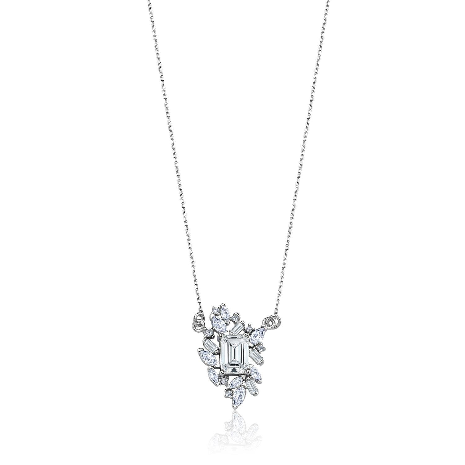 Sterling silver necklace with baguette-cut center stone and sparkling marquise CZ leaf cluster – elegant and timeless pendant