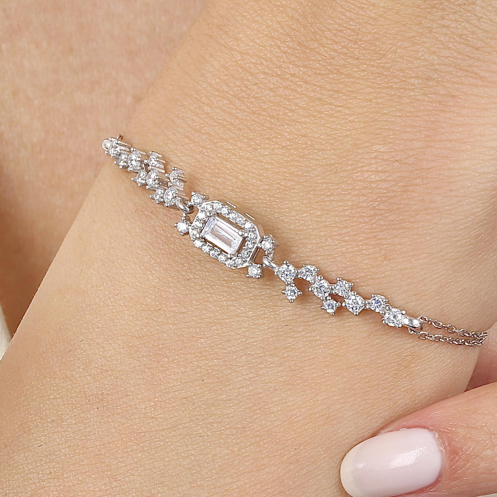 Diamond Baguette Cut Sparkle Silver Bracelet