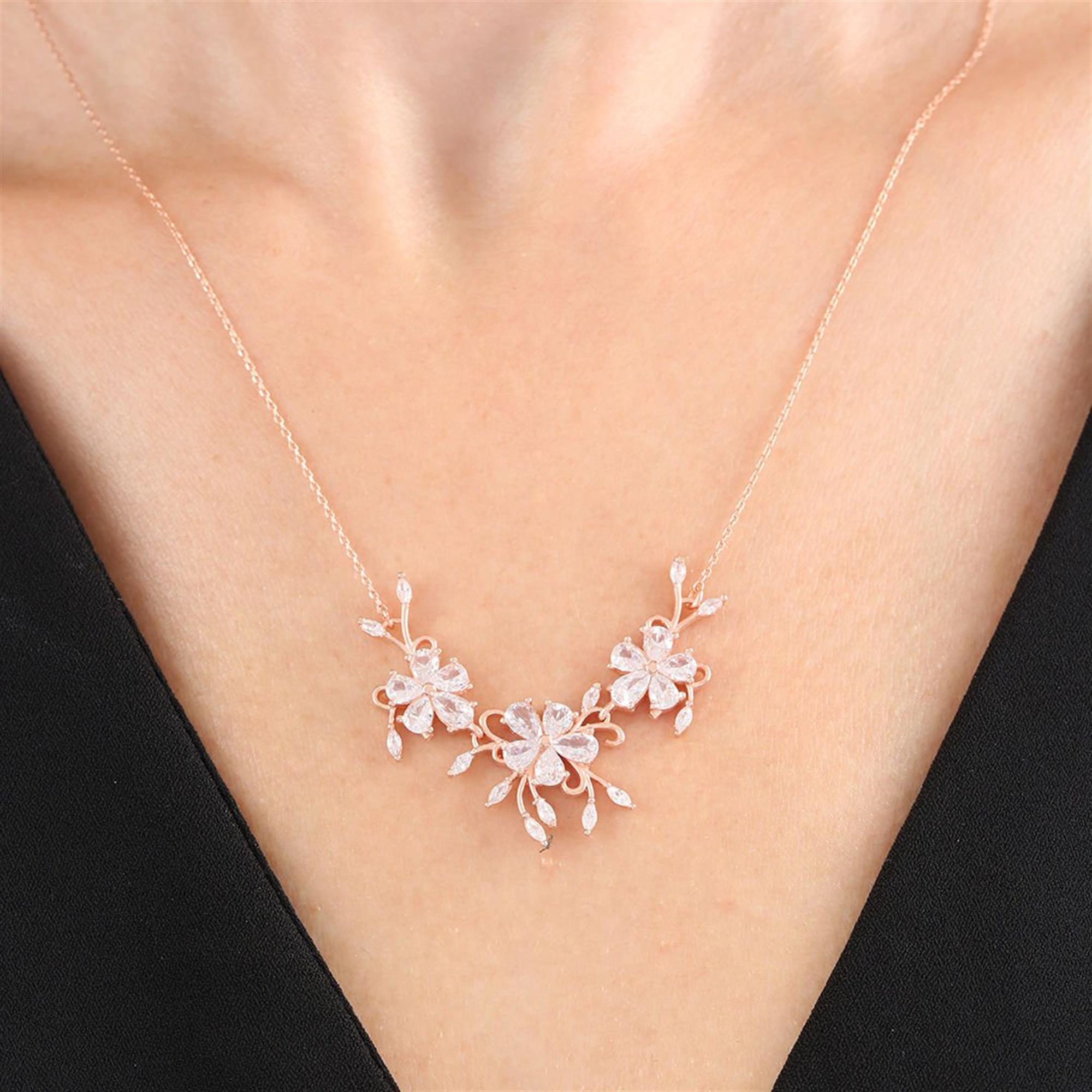 Rose Gold Floral Necklace with Sparkling Diamond Setting