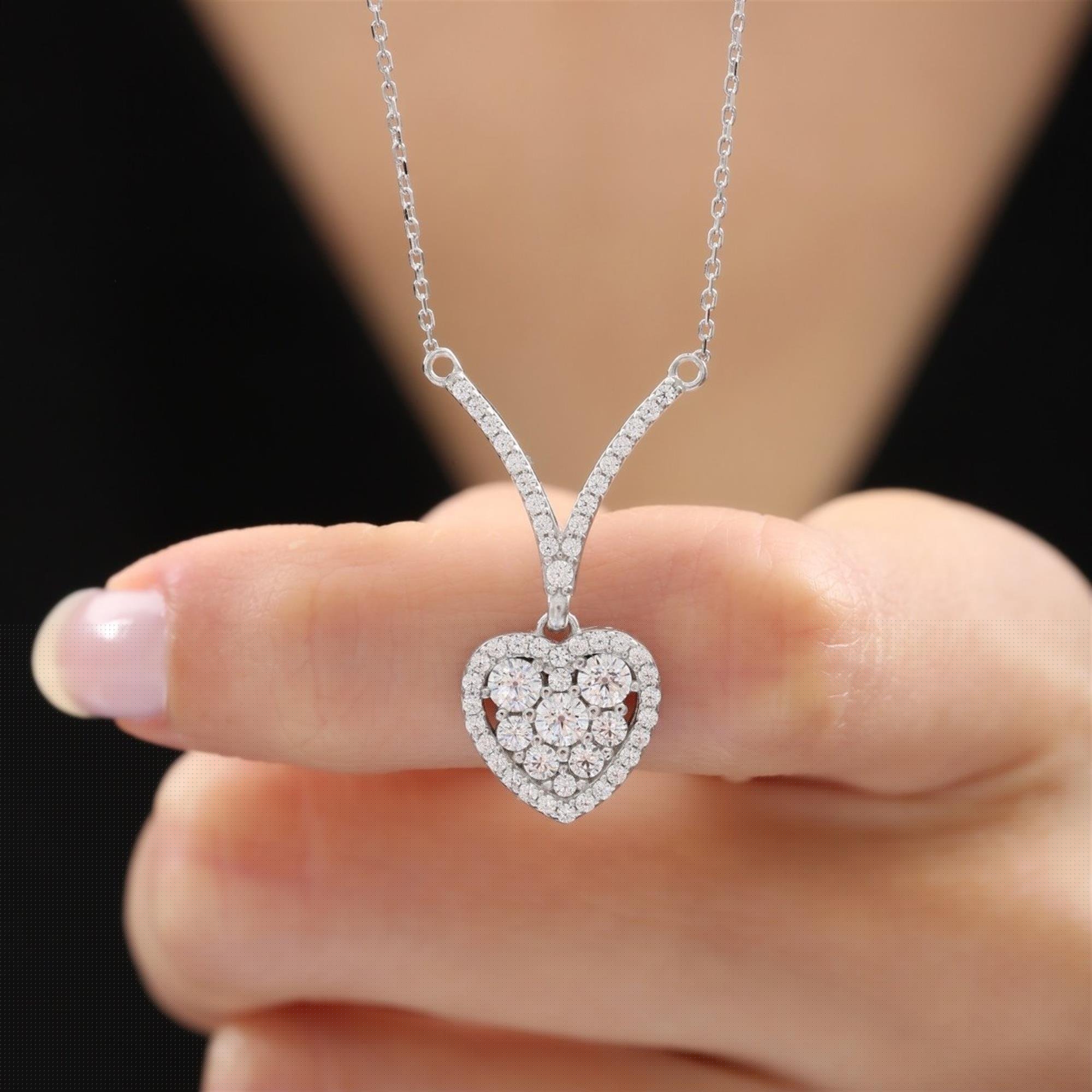 Pavé heart pendant necklace in sterling silver tone with round-cut CZ stones – romantic Valentine’s or anniversary jewelry gift for women
