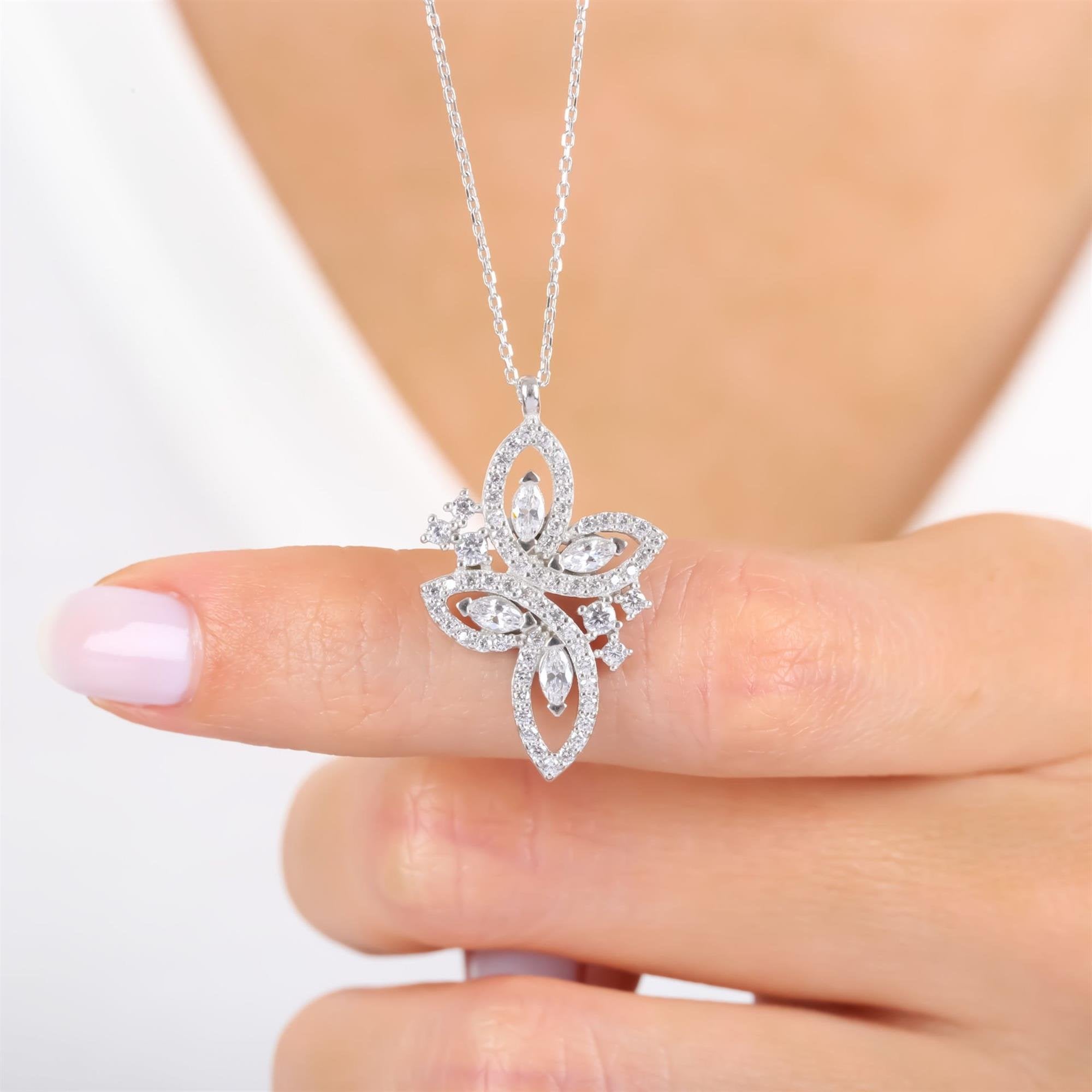 Sterling silver butterfly pendant necklace with marquise and round CZ stones – elegant and nature-inspired fairy wing design