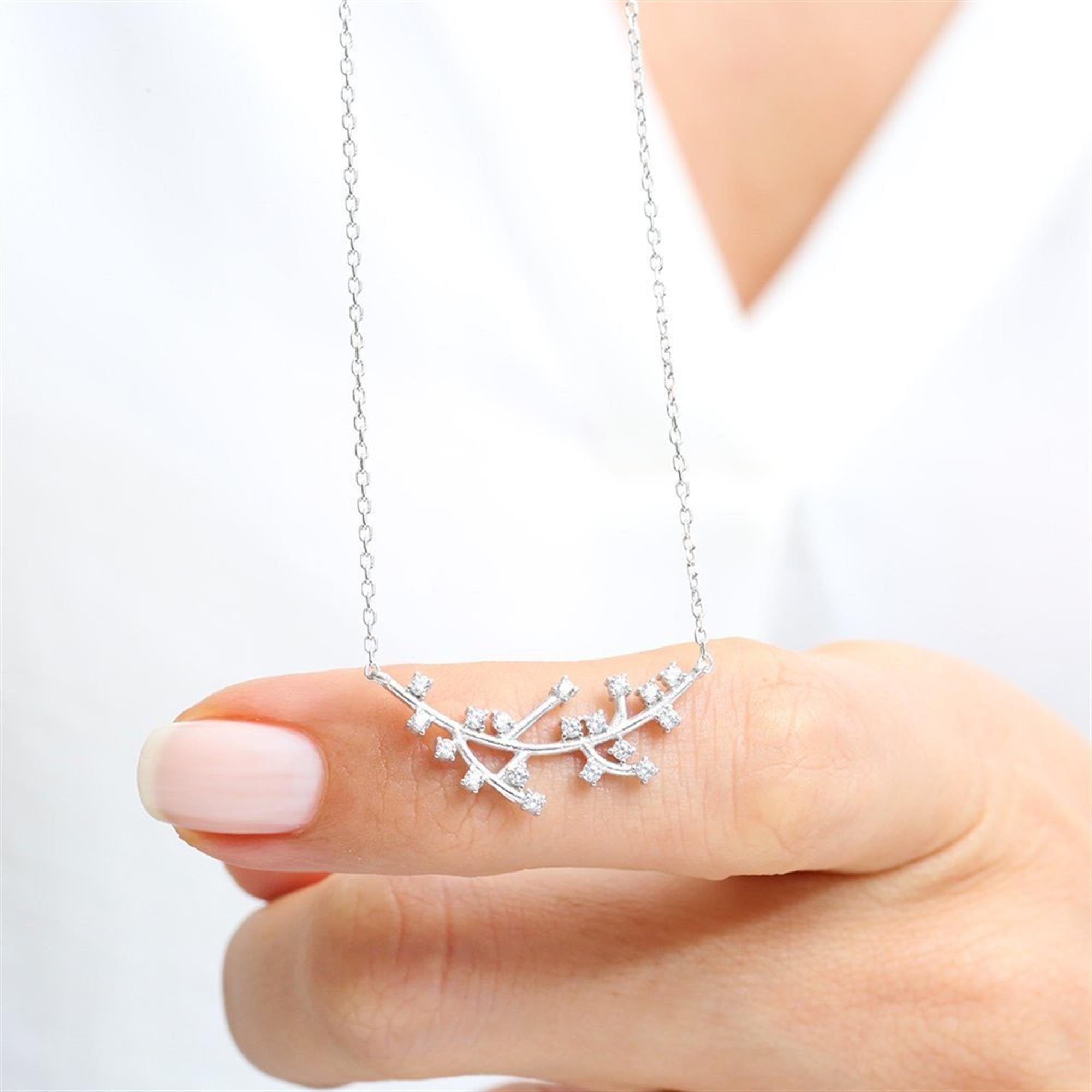 Diamond Glittering Branch Silver Necklace