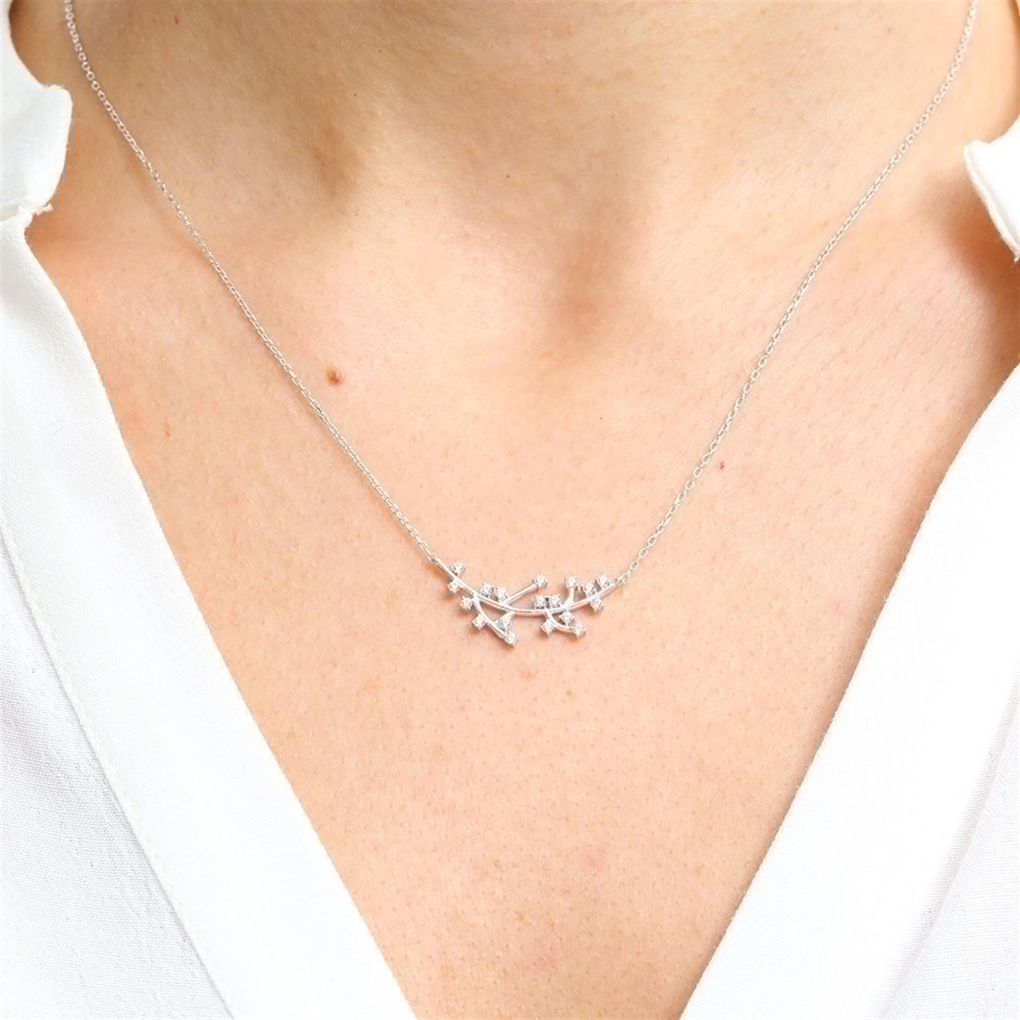Diamond Glittering Branch Silver Necklace