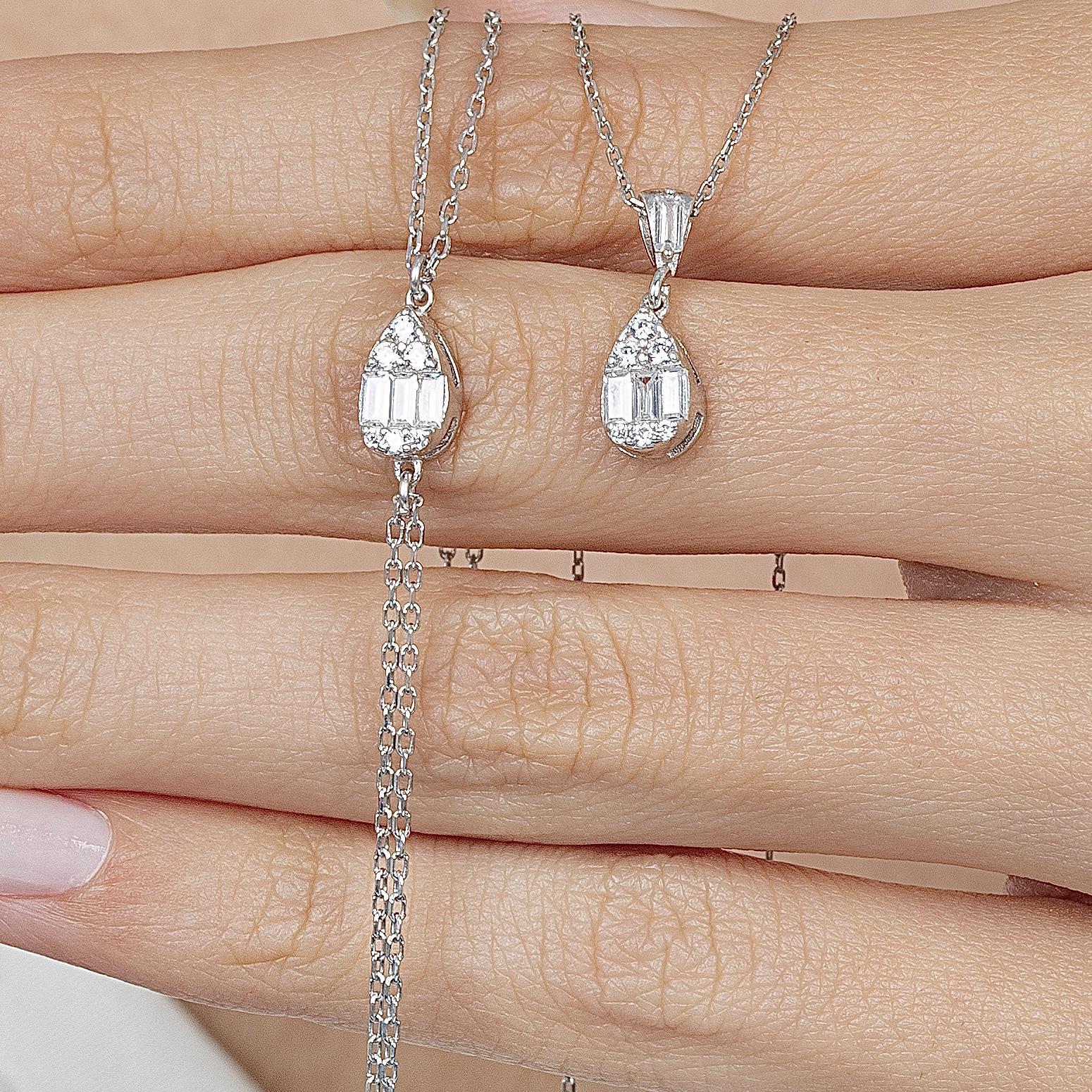 Diamond Setting Minimal Drop Baguette Silver Duo Set