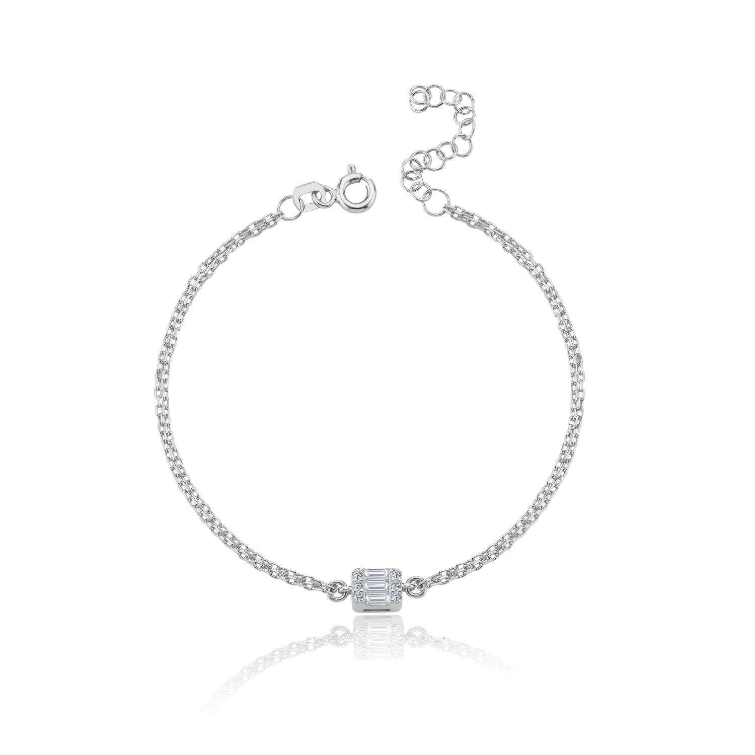 Diamond Setting Minimal Rectangle Baguette Silver Bracelet