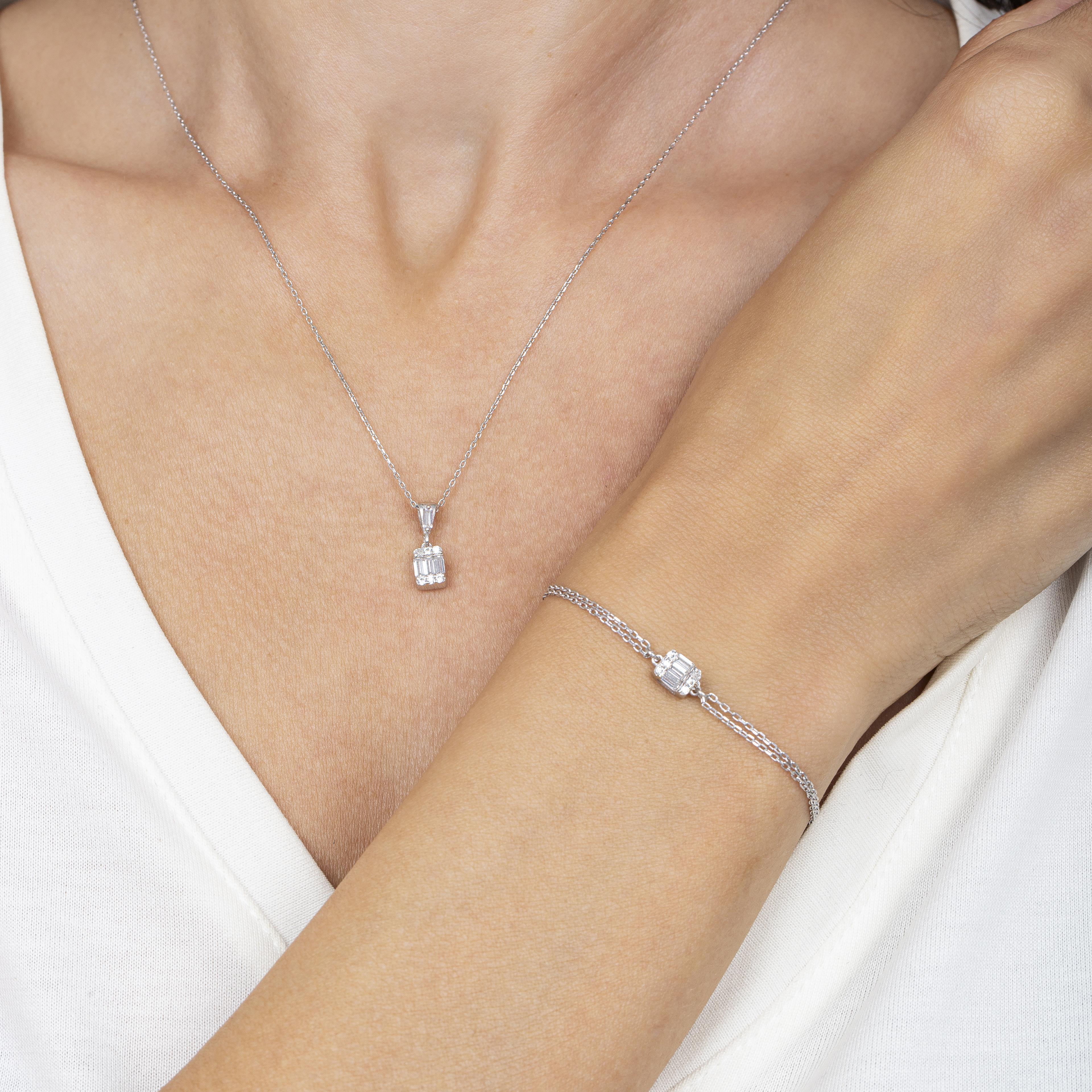 Diamond Setting Minimal Rectangle Baguette Silver Double Set