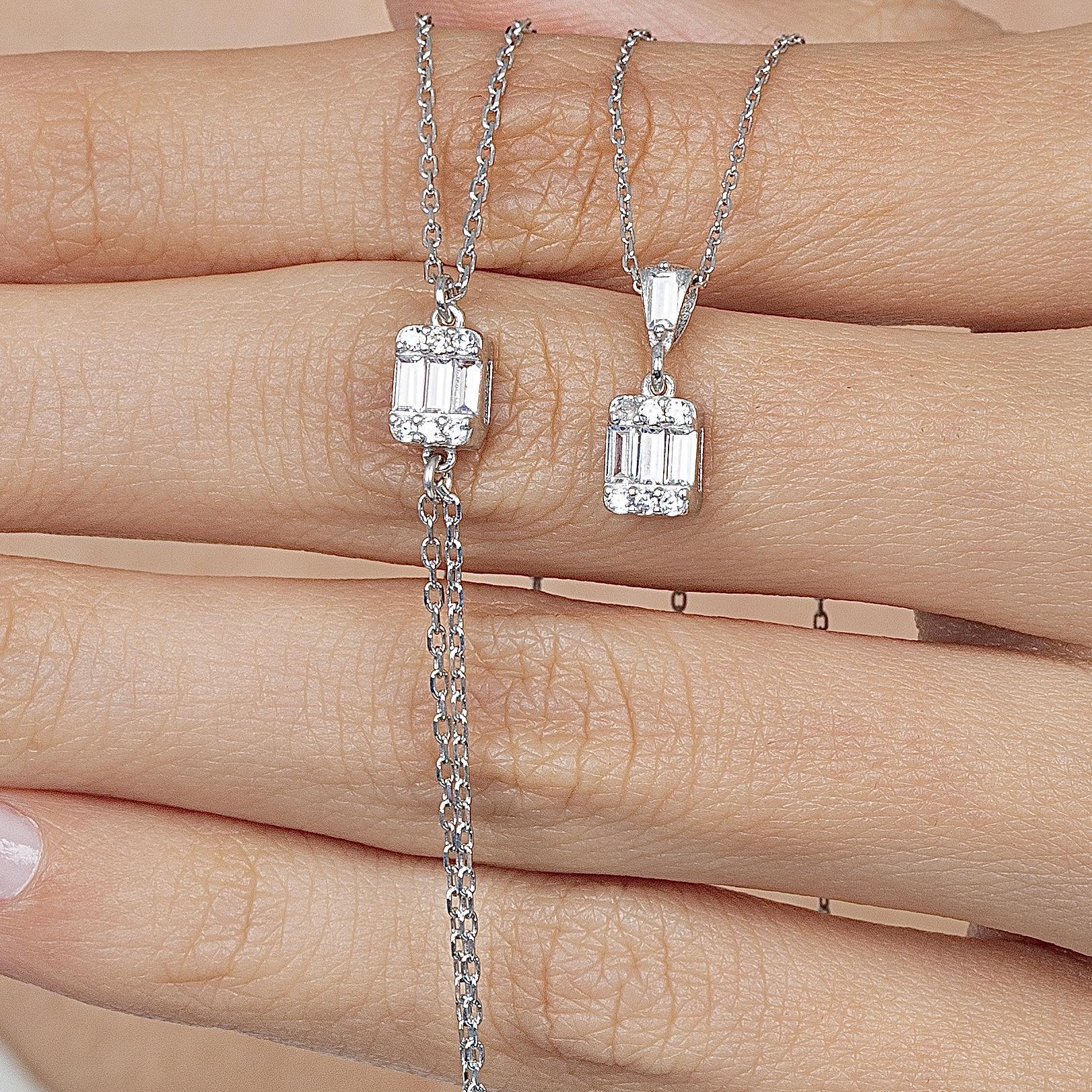 Diamond Setting Minimal Rectangle Baguette Silver Double Set
