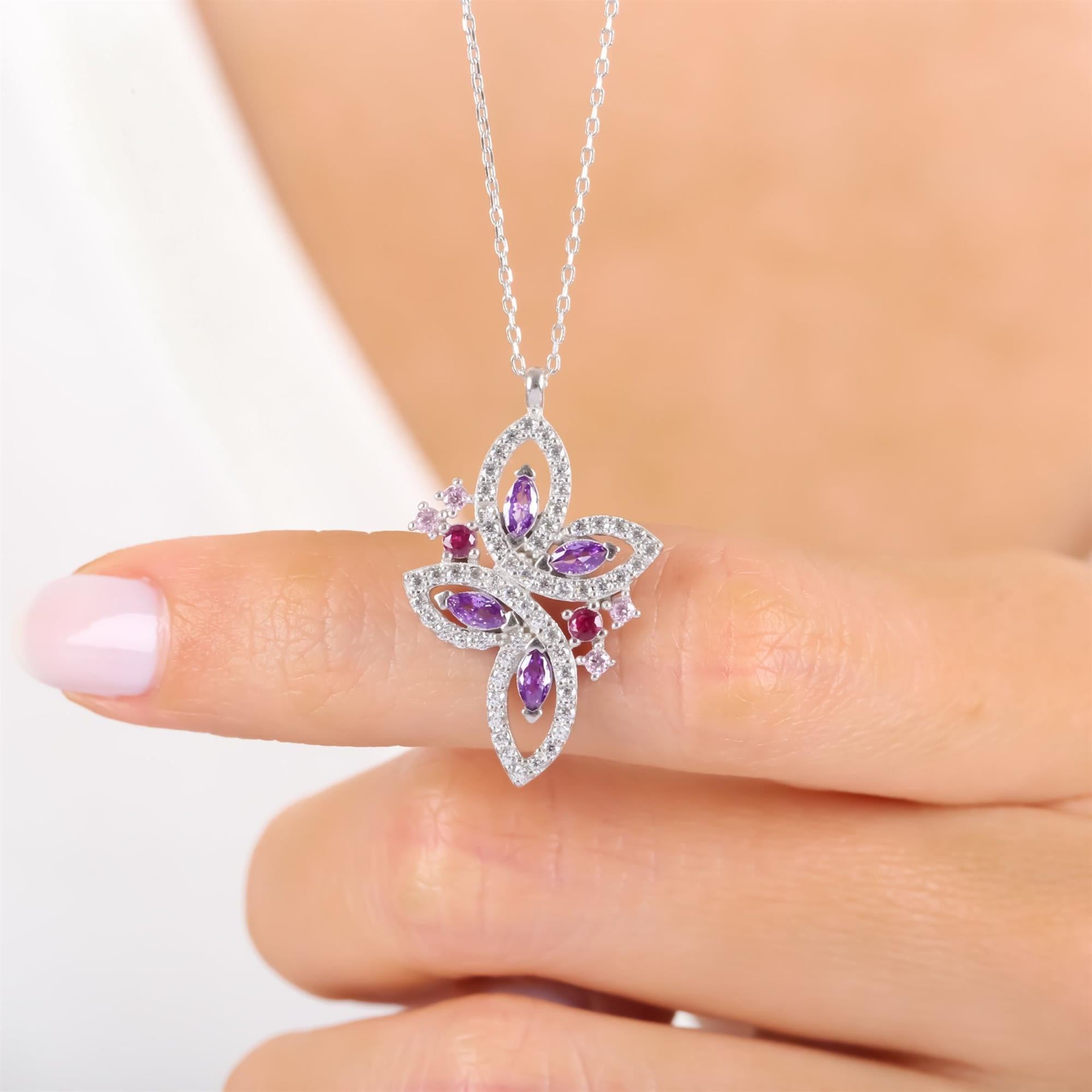 Diamond Setting Mixed Stone Butterfly Fairy Silver Necklace