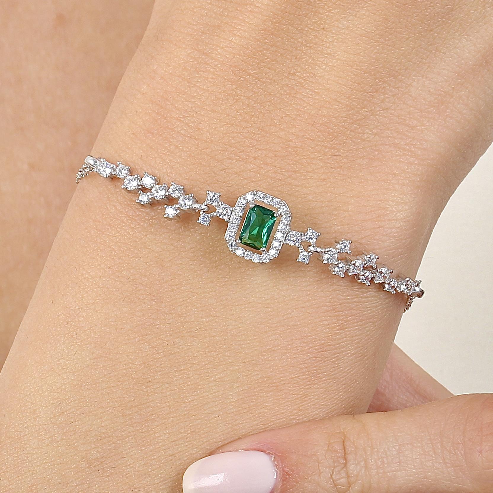 Diamond Elegant Baguette Cut Emerald Silver Bracelet