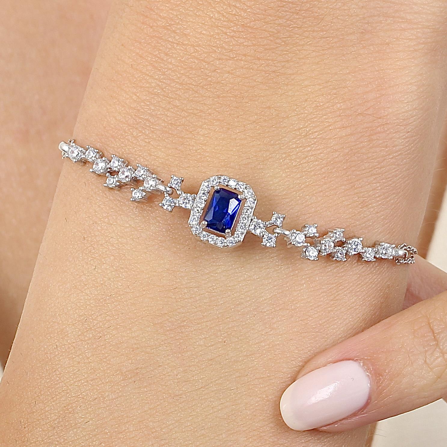 Diamond Baguette Cut Sapphire Silver Bracelet