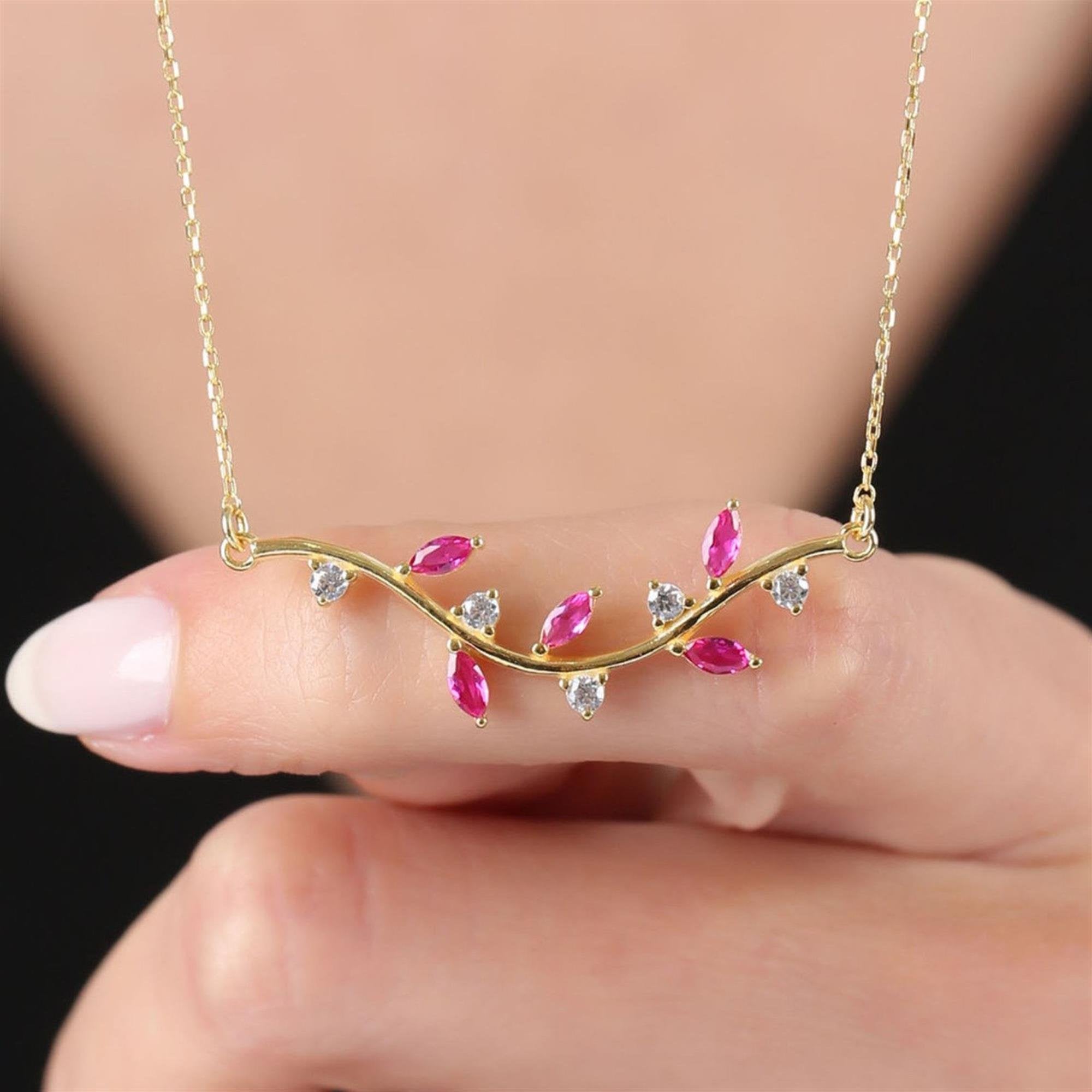 Rose gold vine necklace with pink and white CZ stones – feminine branch pendant for women