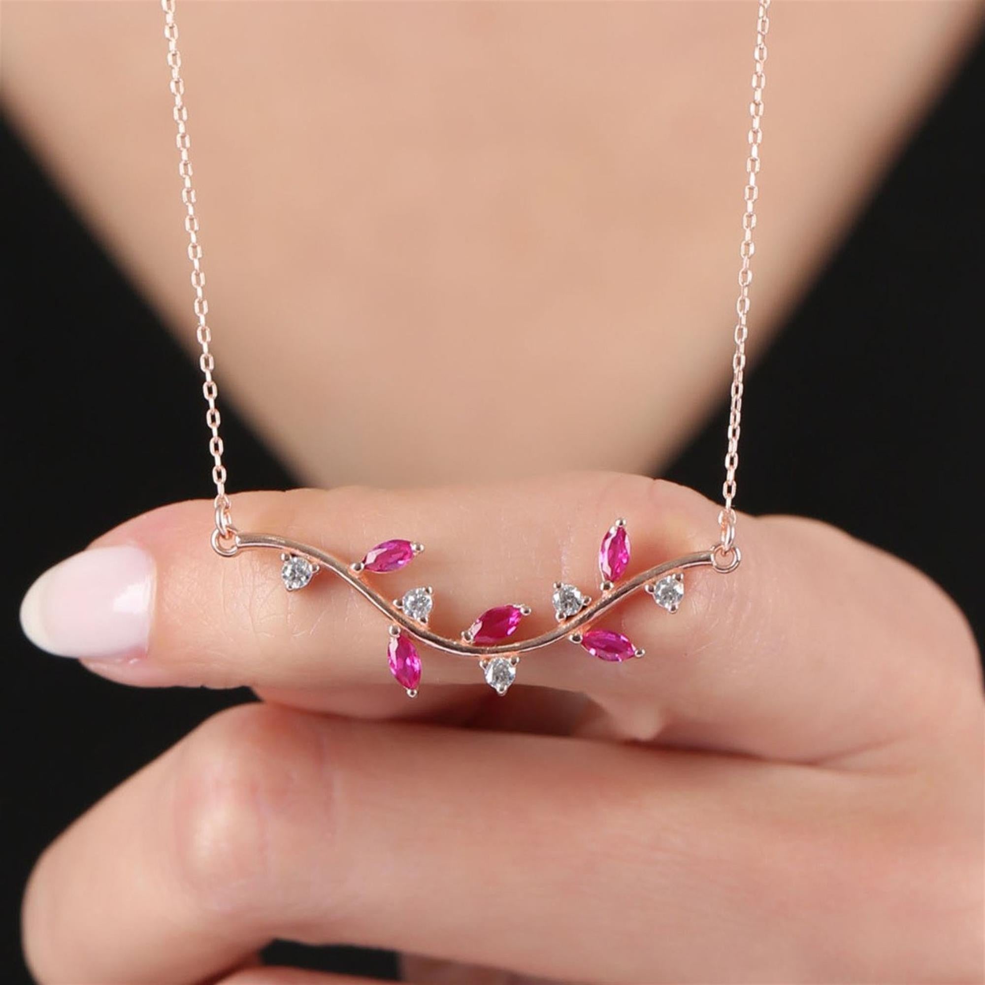 Collar de rama en oro rosa con circonitas rosas y blancas – colgante femenino para mujer