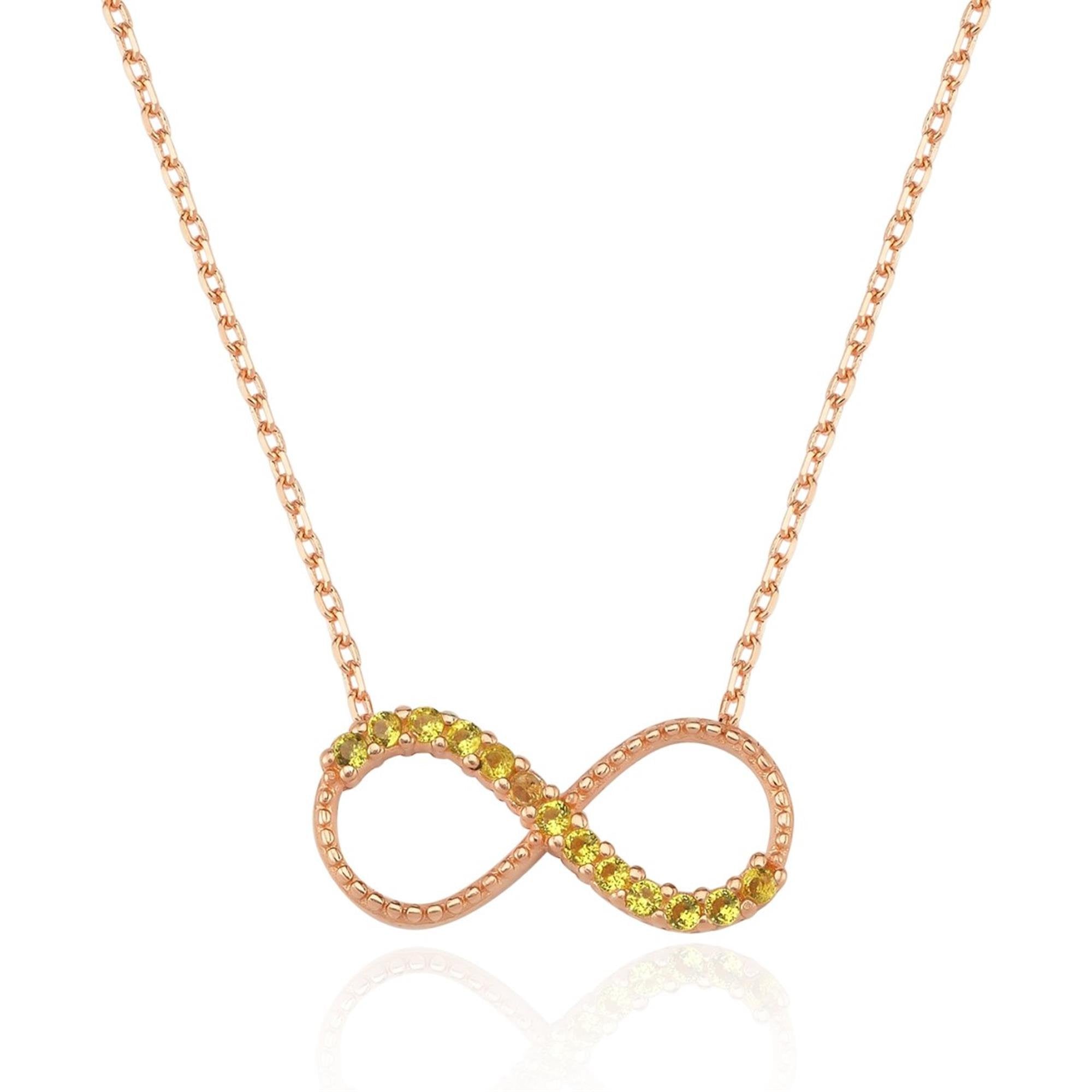 Minimal infinity necklace in rose gold with sparkling champagne zircon stones – a symbol of eternal love and delicate elegance.