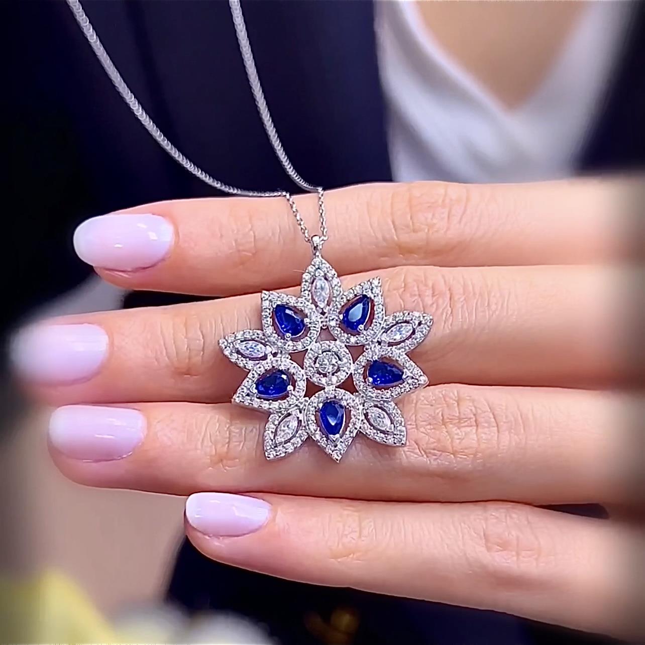 Diamond Setting Royal Sapphire Snowflake Necklace