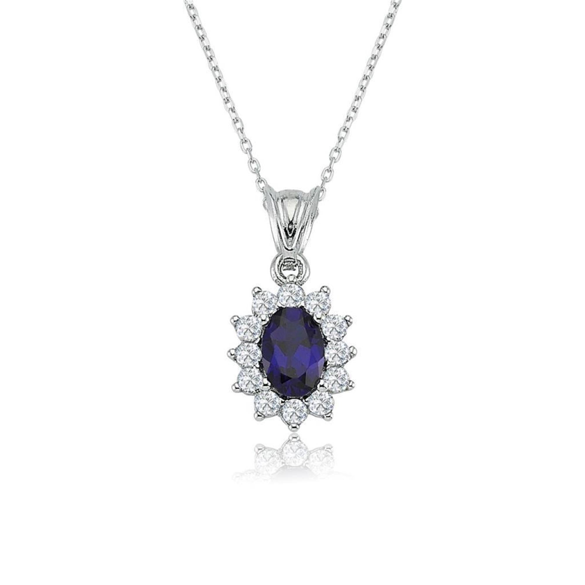 Diamond Setting Sapphire Oval Silver Necklace