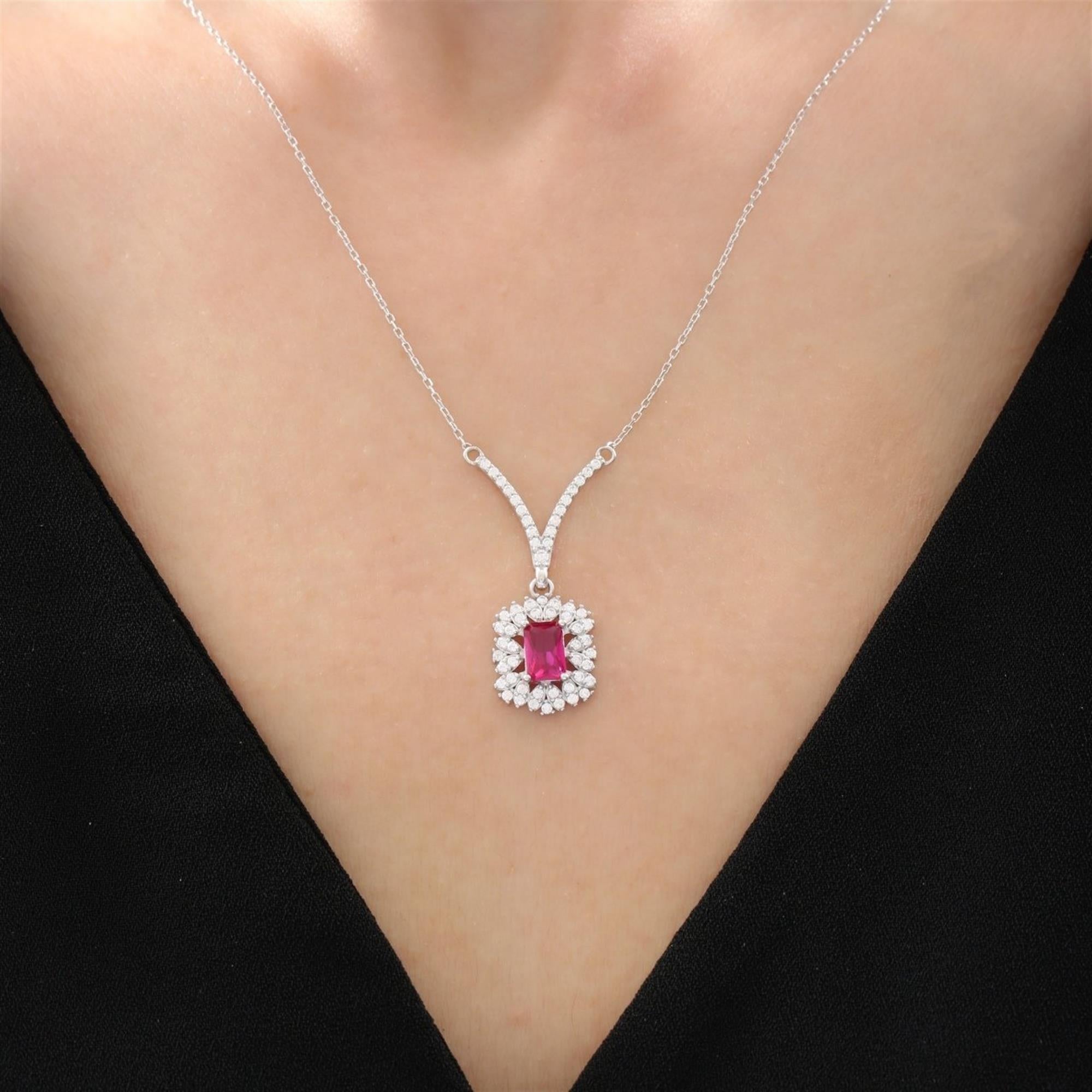 Diamond Emerald Cut Ruby CZ with Double Halo in Silver Finish