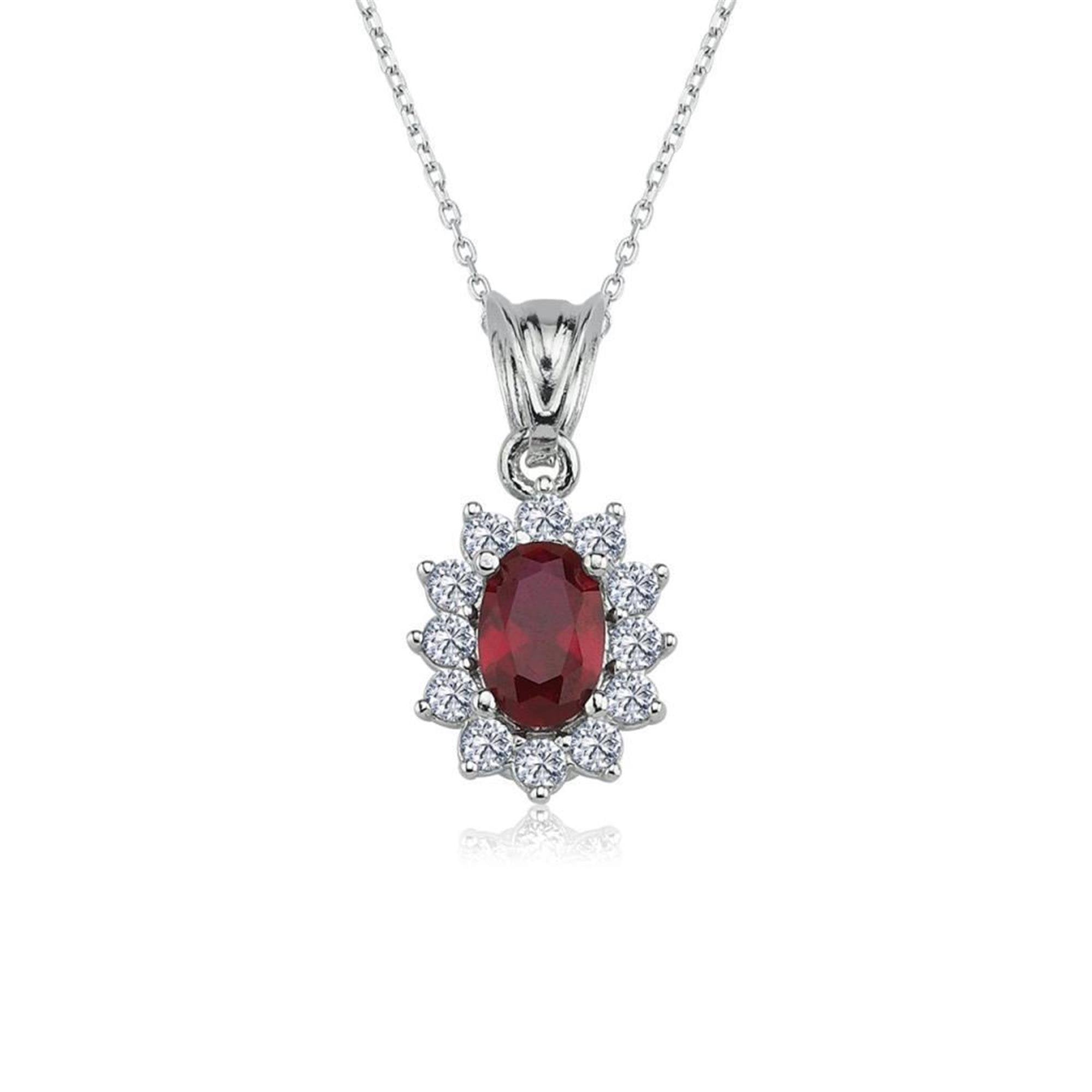 Diamond Setting Ruby Oval Silver Necklace
