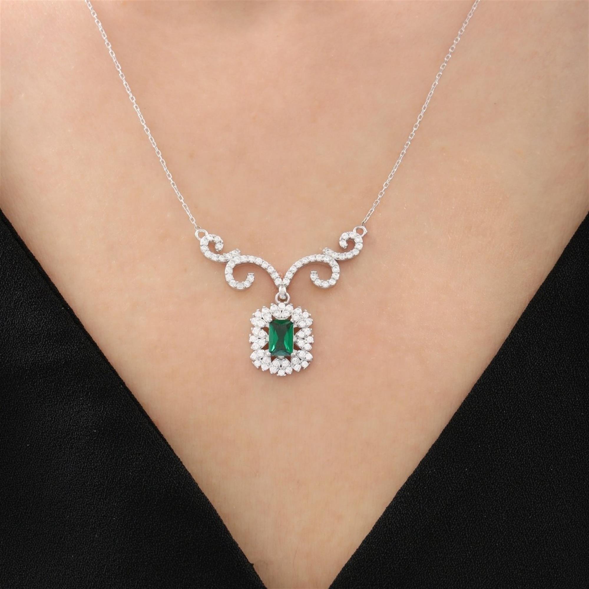 Diamond Royal Emerald Halo Silver Necklace