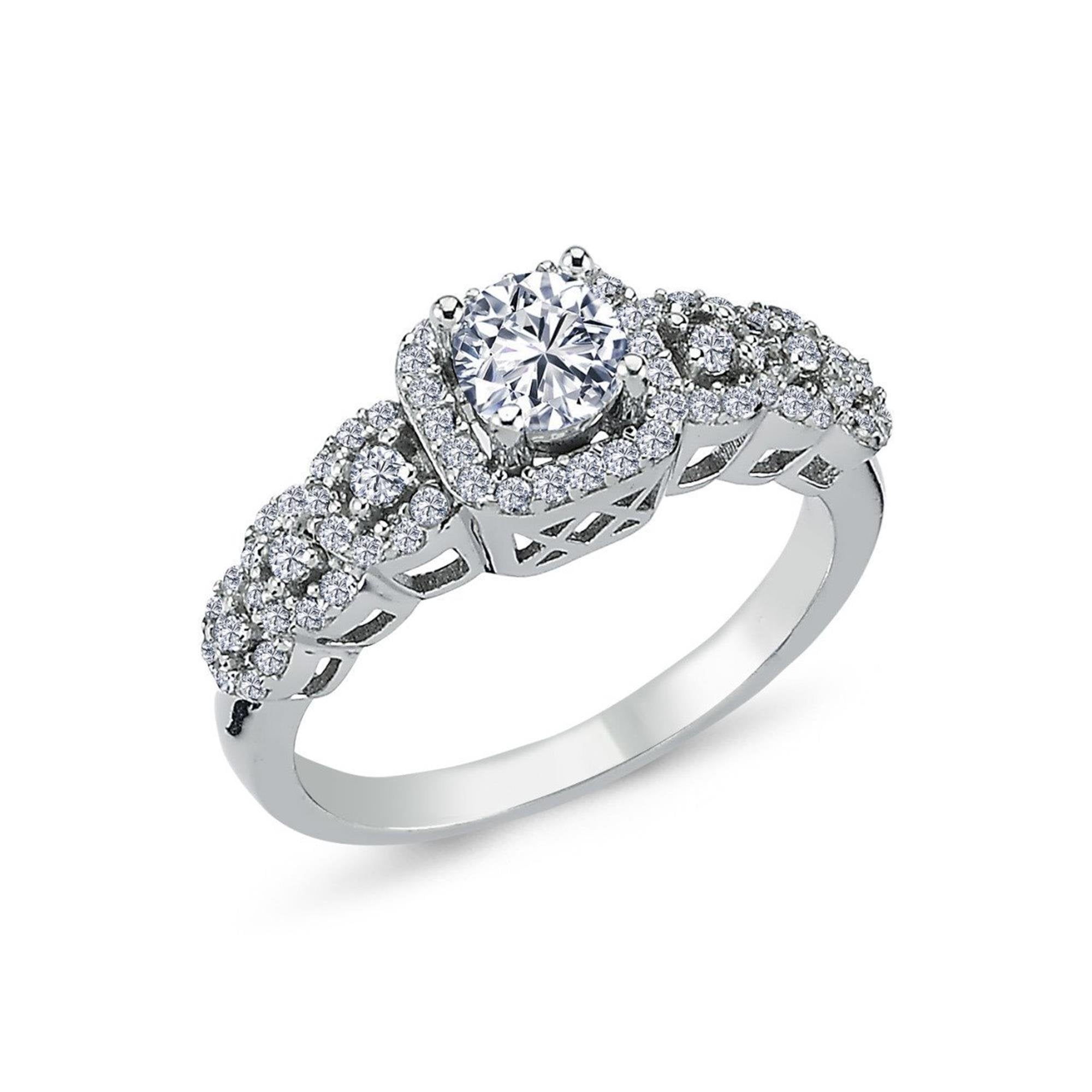 Sterling silver twin halo solitaire ring with center stone and sparkling side accents – a perfect engagement choice.