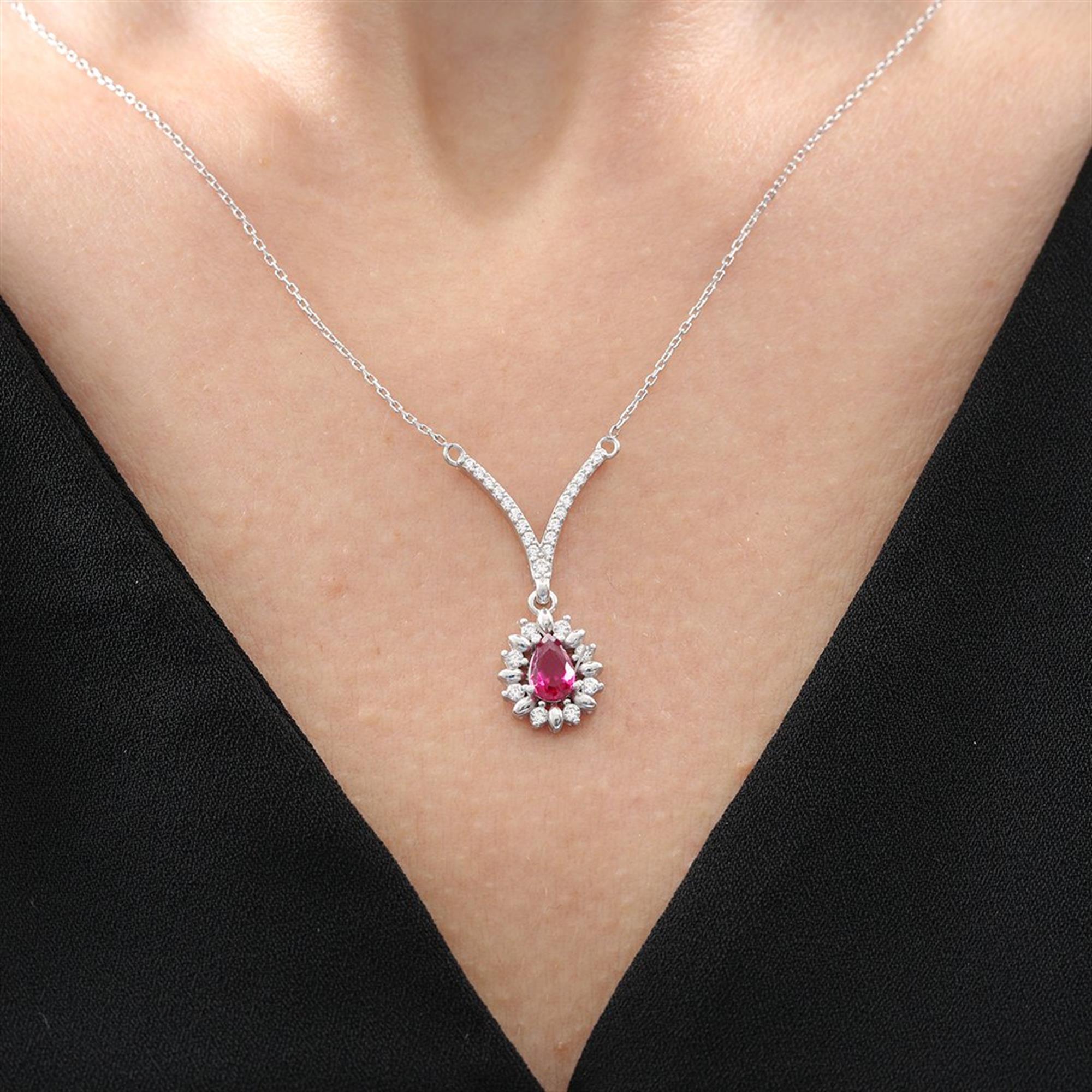 Diamond Setting Raindrop Synthetic Ruby Seal of Elegance Silver Necklace