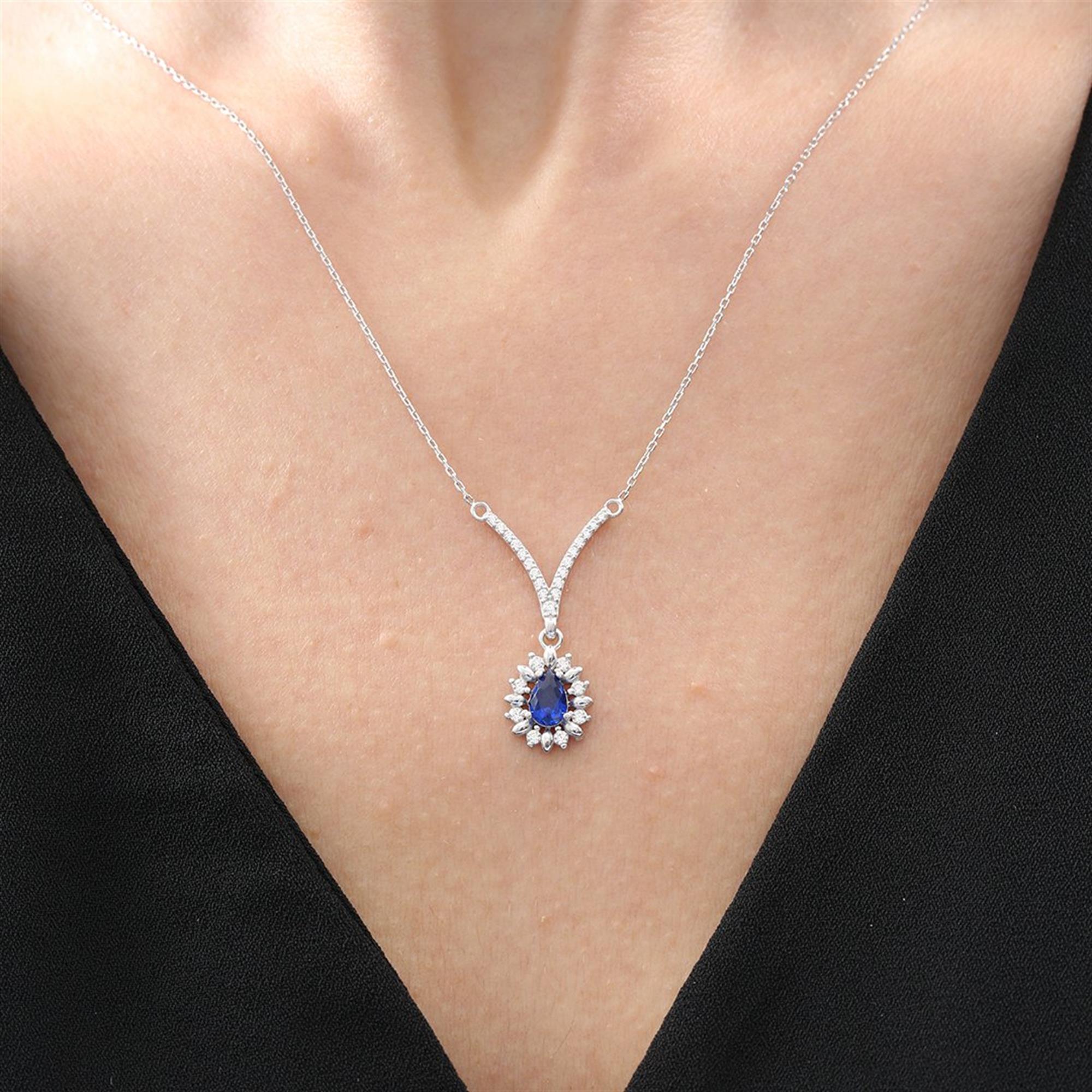 Diamond Setting Raindrop Synthetic Sapphire Seal of Elegance Silver Necklace