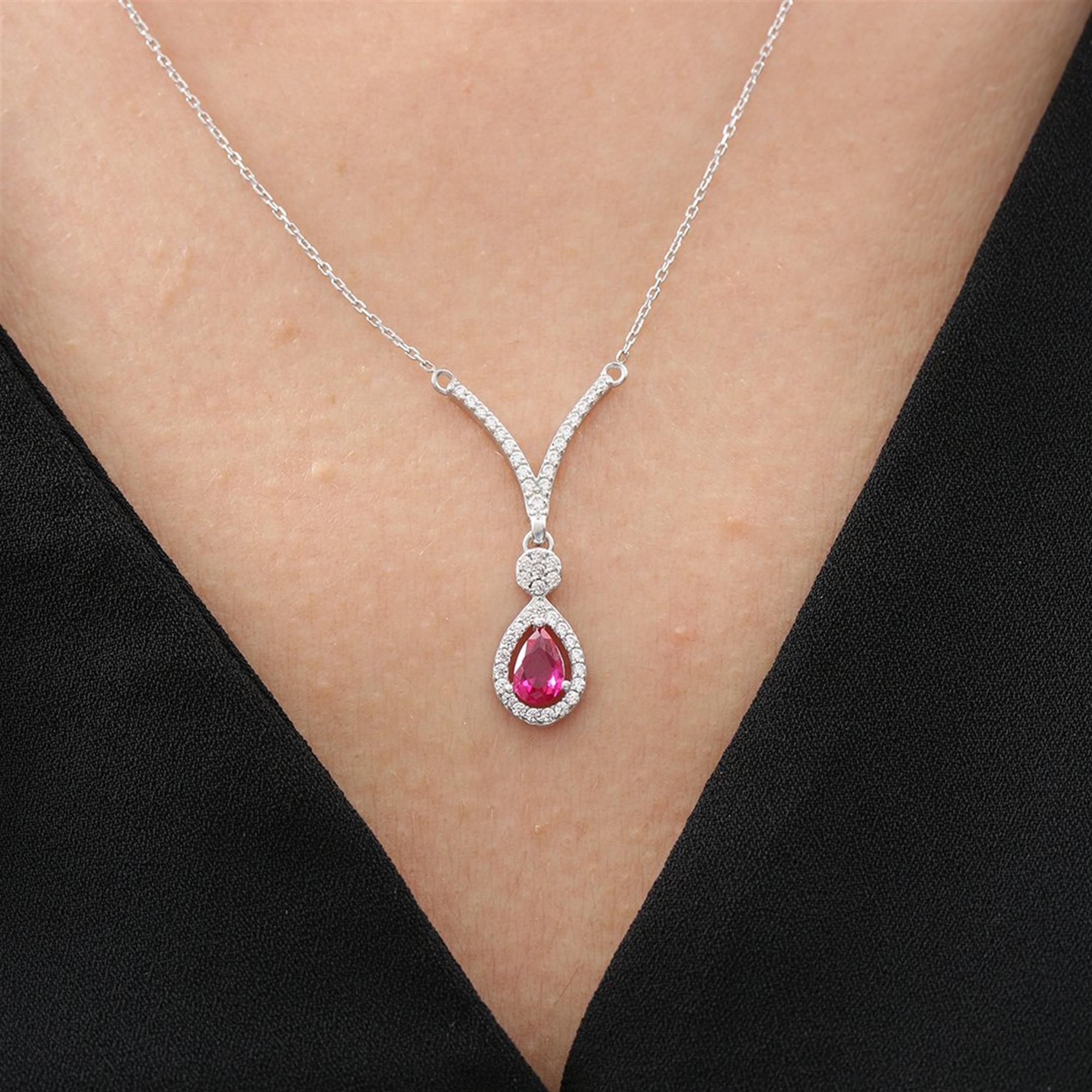 Diamond Setting Elegant Drop Synthetic Ruby Seal of Elegance Silver Necklace