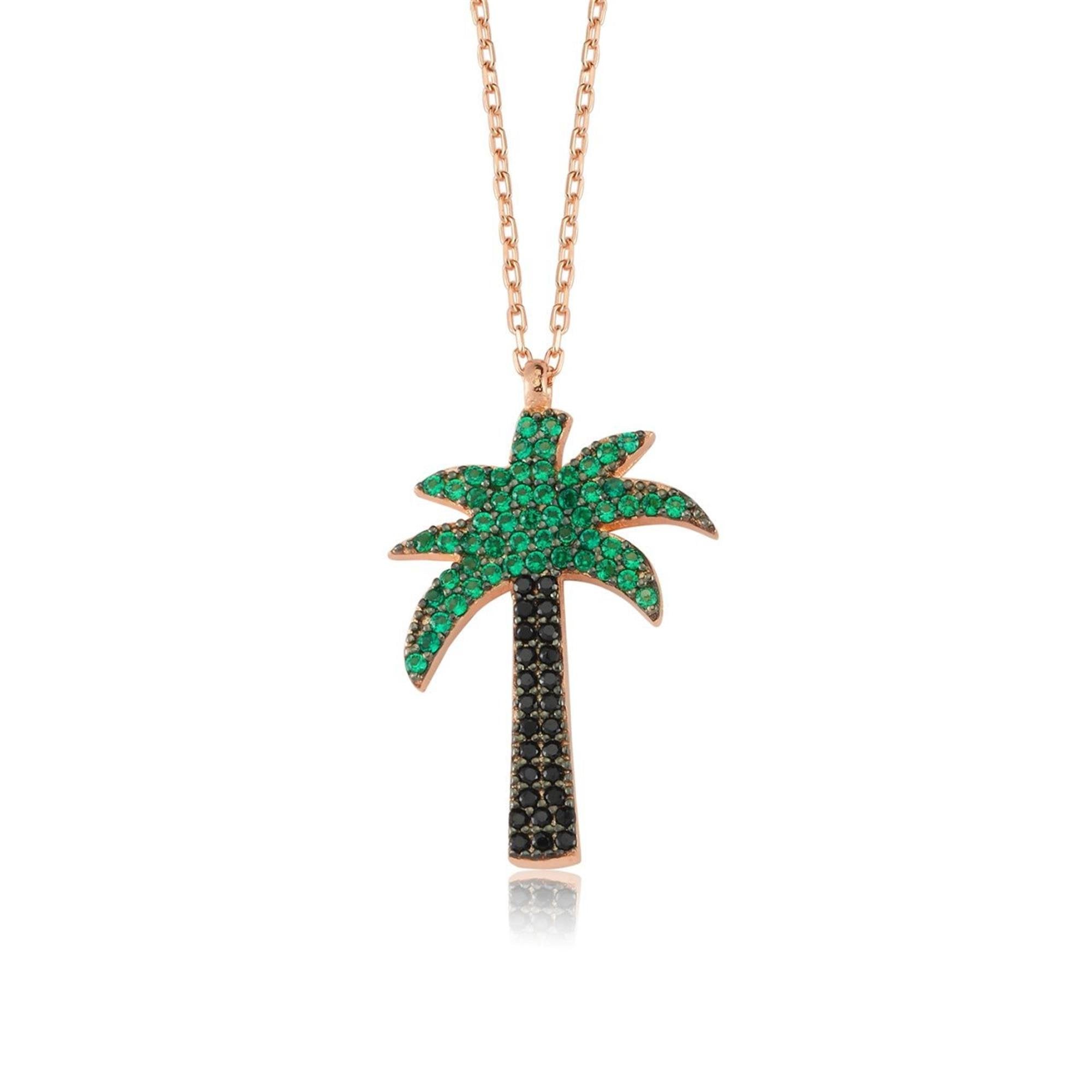 Collar de palmera tropical con piedras verdes y negras en baño de oro rosa – joyería de verano para mujer