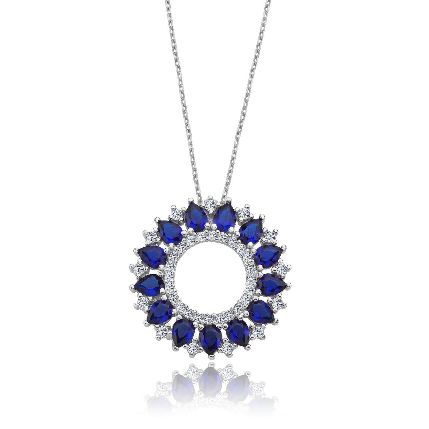 Sapphire Stone Ocean Sun Geometric Silver Necklace