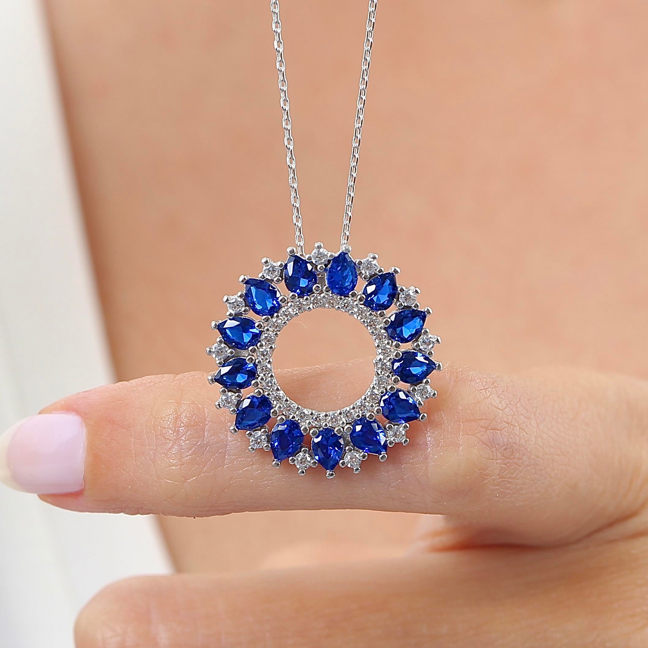 Sapphire Stone Ocean Sun Geometric Silver Necklace
