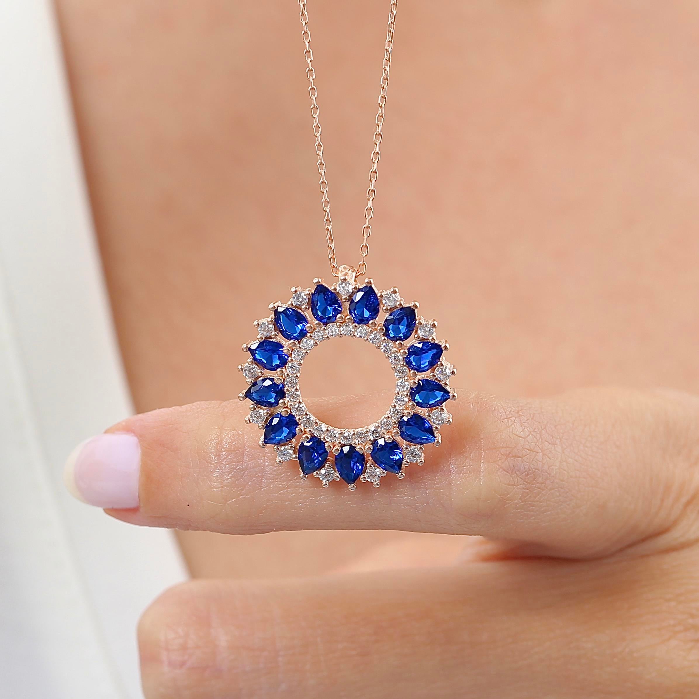 Sapphire Stone Ocean Sun Geometric Rose Gold Necklace