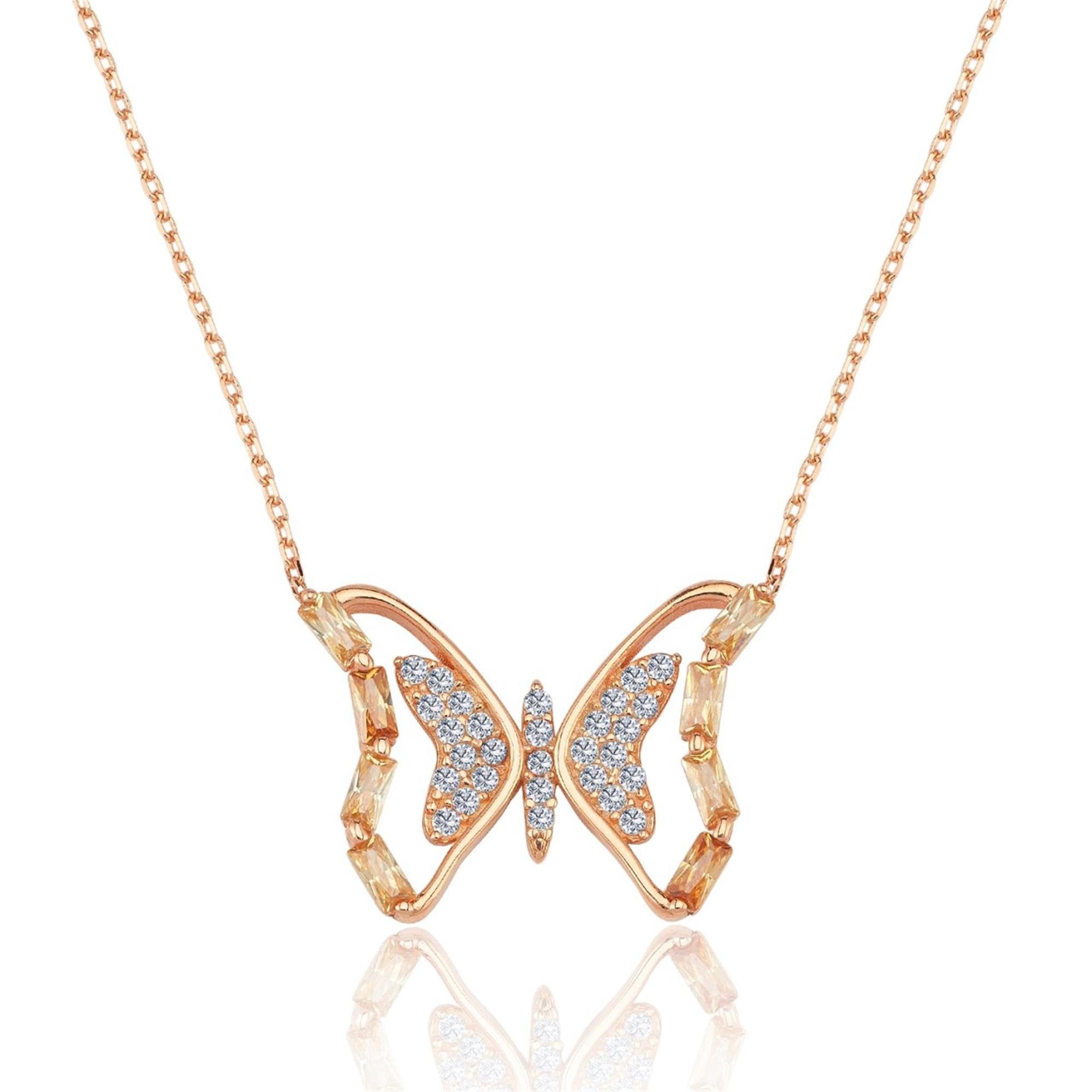 Champagne Baguette Rose Gold Butterfly Necklace