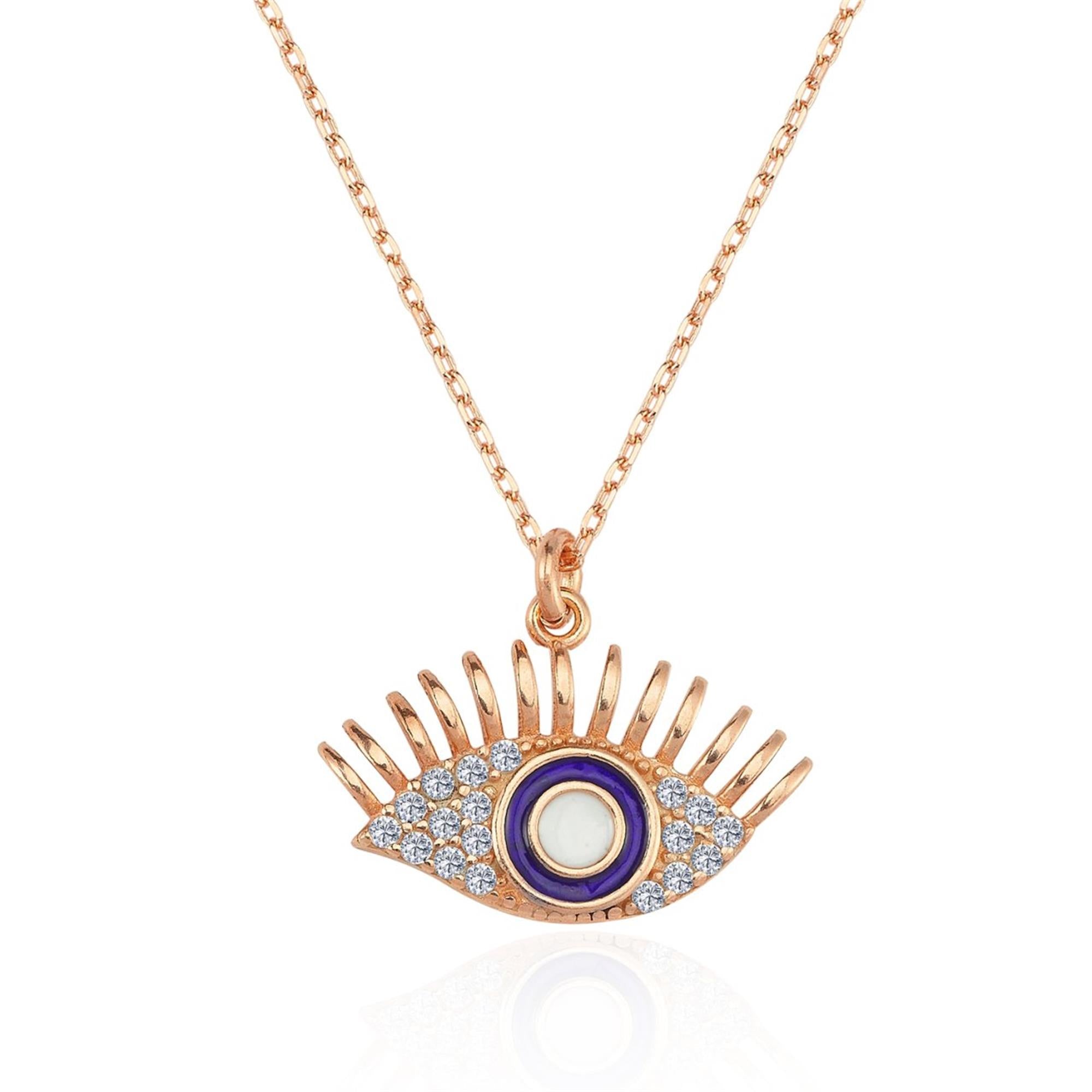 Rose gold evil eye necklace with crystal lashes and enamel center design