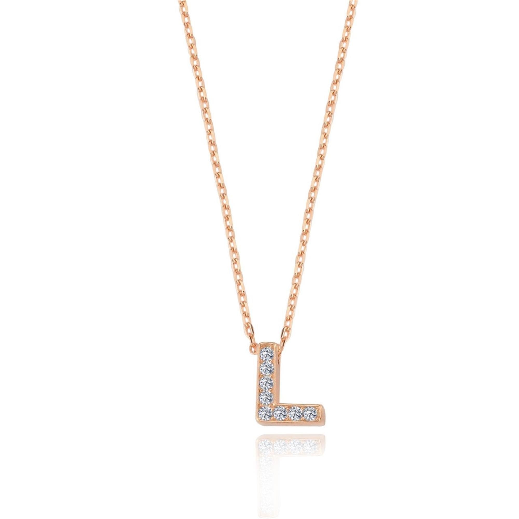 Rose gold plated sterling silver necklace with sparkling zircon stones forming the letter “L” – perfect personalized gift.