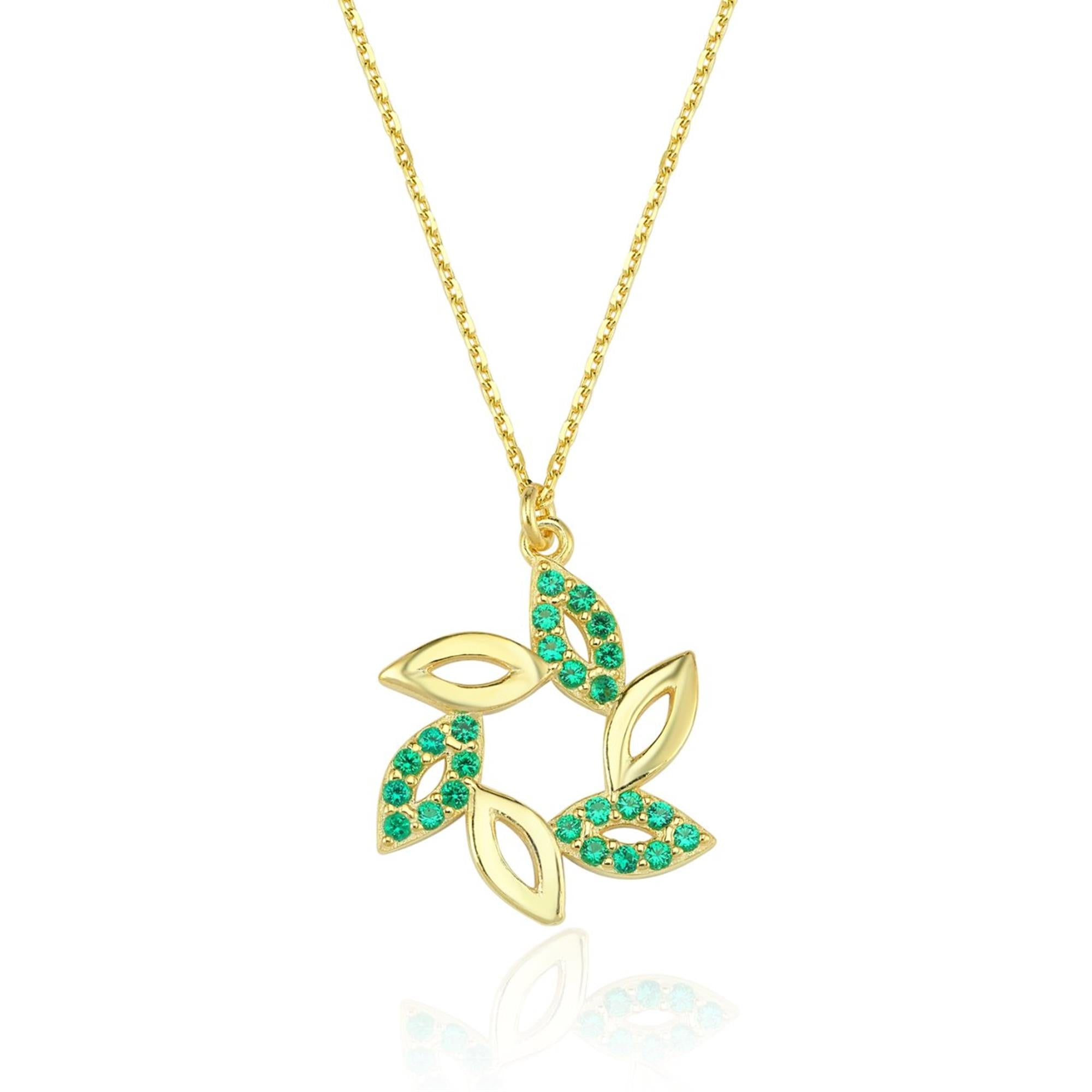Gold plated sun-shaped necklace with emerald green cubic zirconia stones – a bright and bold leaf motif design inspired by nature.