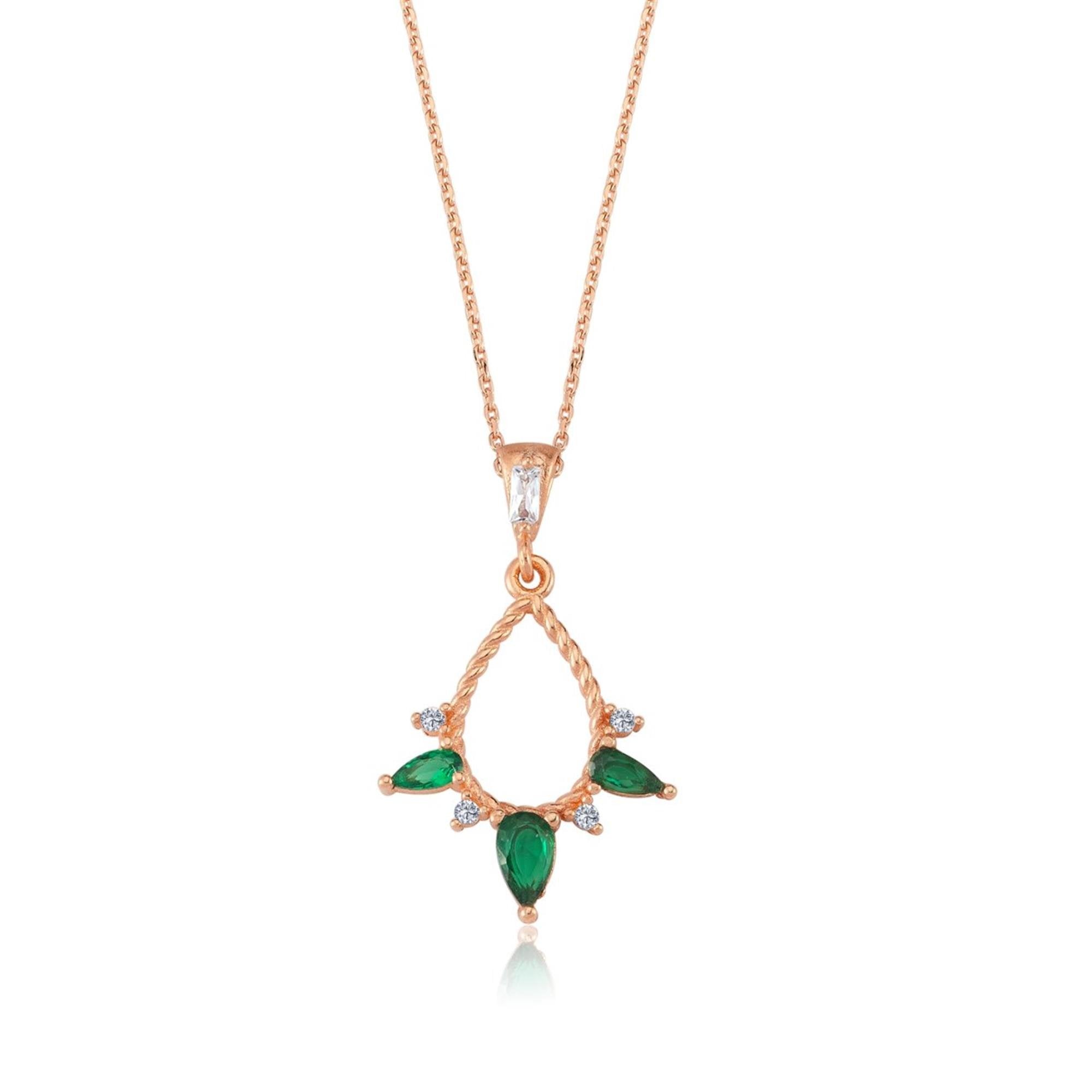 Emerald Green Teardrop Trio Rose Gold Necklace